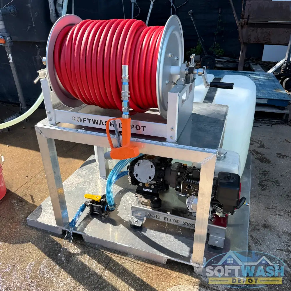 Honda AR45 complete gas-powered soft wash system with 100-gallon tank, hose reel, Rampage hose, and soft wash spray gun. - Soft Wash Depot