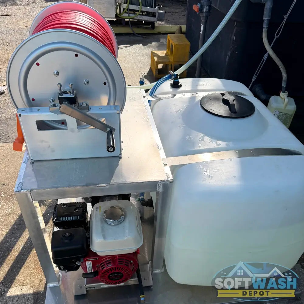 Honda AR45 complete gas-powered soft wash system with 100-gallon tank, hose reel, Rampage hose, and soft wash spray gun. - Soft Wash Depot