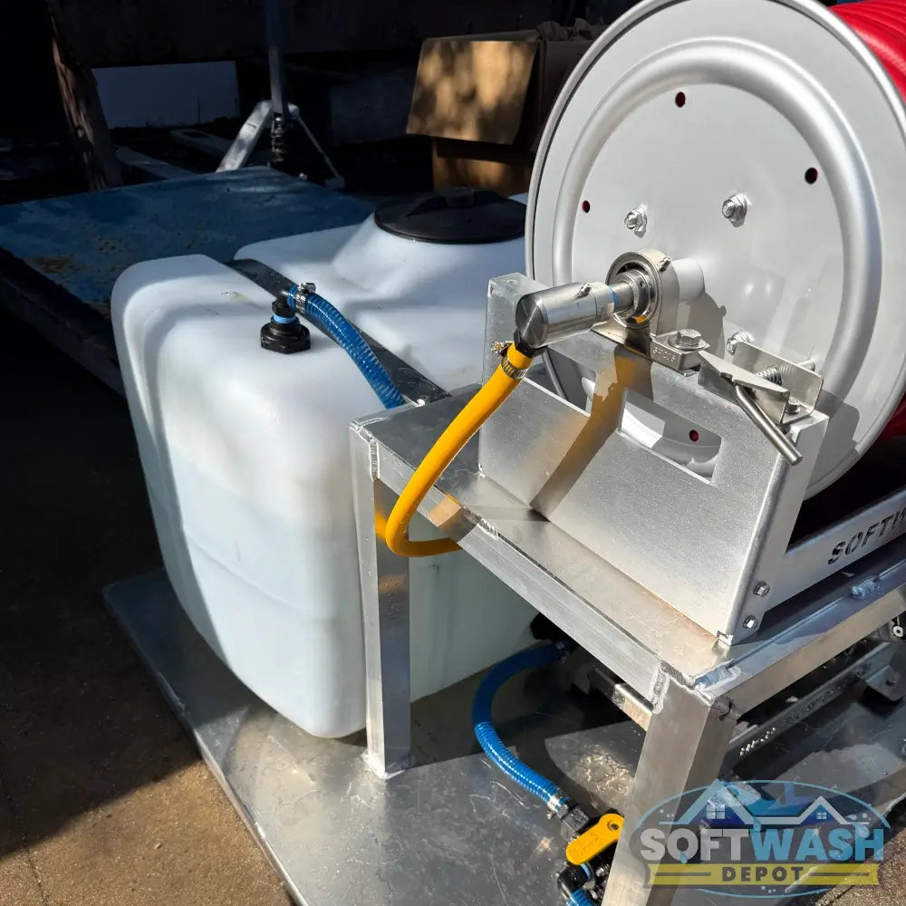Honda AR45 complete gas-powered soft wash system with 100-gallon tank, hose reel, Rampage hose, and soft wash spray gun. - Soft Wash Depot