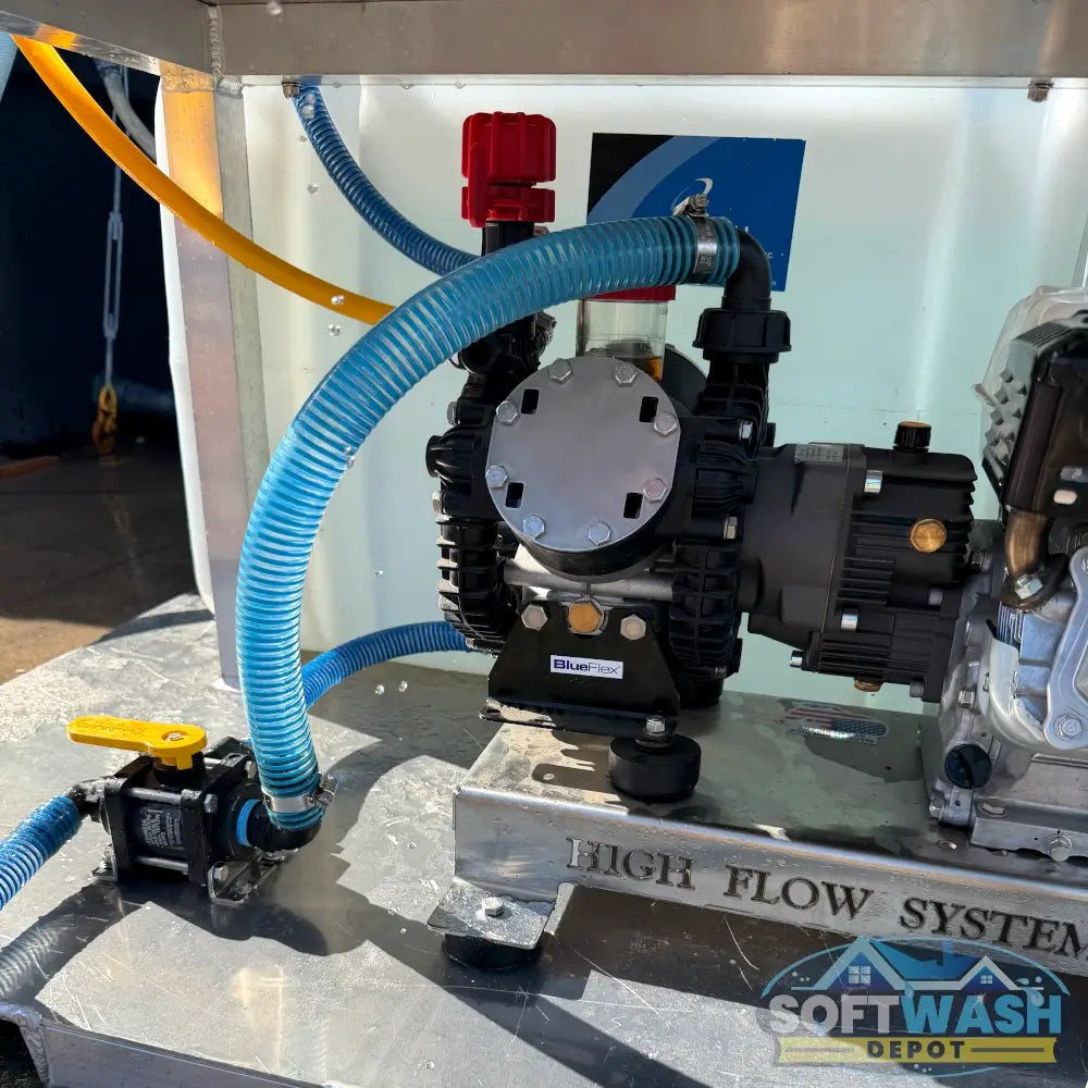 Honda AR45 complete gas-powered soft wash system with 100-gallon tank, hose reel, Rampage hose, and soft wash spray gun. - Soft Wash Depot