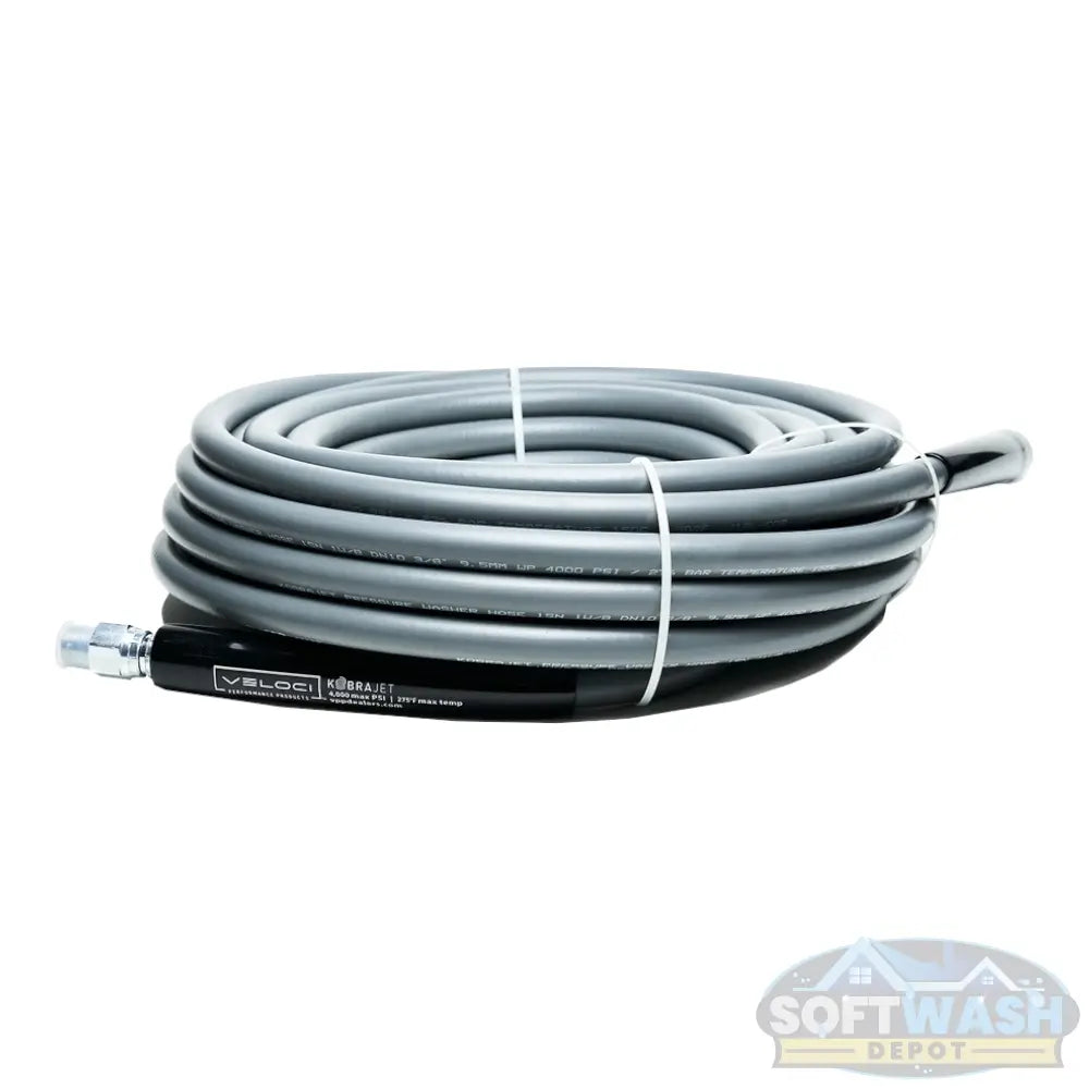 3/8-inch KobraJet gray smooth non-marking single wire pressure washer hose, 100 feet long, rated for 4,300 PSI with 3/8-inch male NPT fittings. - Soft Wash Depot