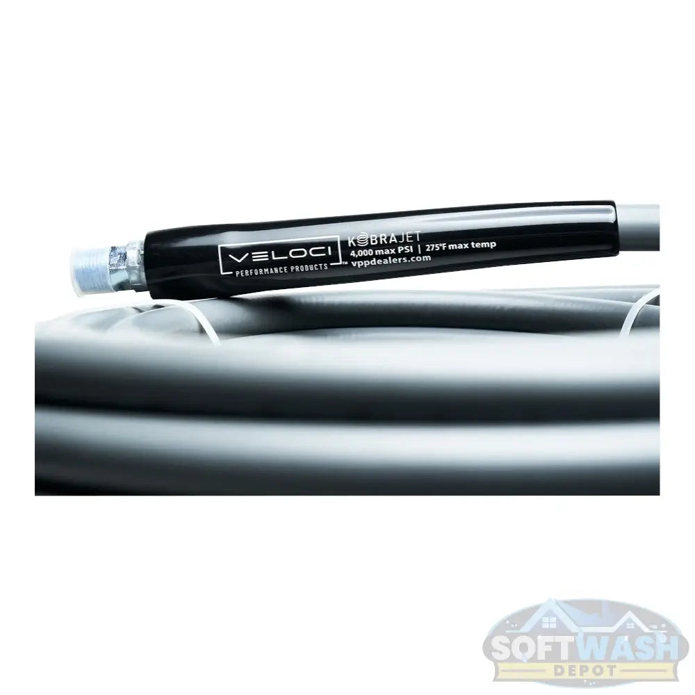 3/8-inch KobraJet gray smooth non-marking single wire pressure washer hose, 100 feet long, rated for 4,300 PSI with 3/8-inch male NPT fittings. - Soft Wash Depot