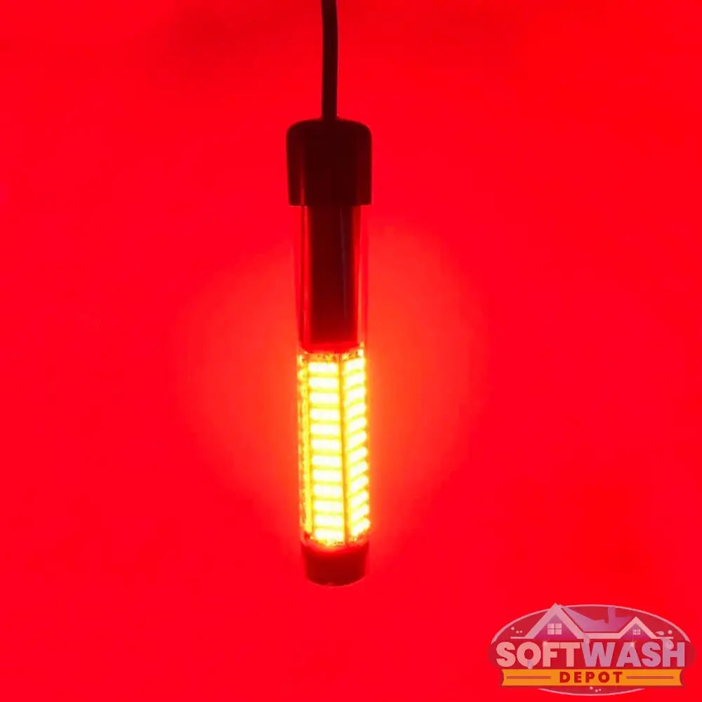 Red LED tank lights mounted on a soft wash or pressure washing tank, providing bright illumination for equipment visibility and nighttime operation. - Soft Wash Depot