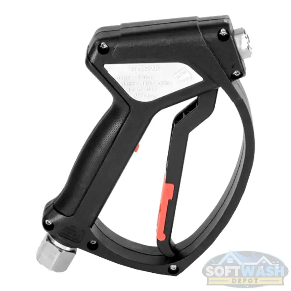 MTM Hydro SGS28 Easy Hold pressure washer spray gun with stainless steel live swivel, ergonomic grip and easy pull trigger, 3/8" inlet and 1/4" outlet, rated up to 4000 PSI, 12 GPM, and 320°F for professional cleaning. - Soft Wash Depot