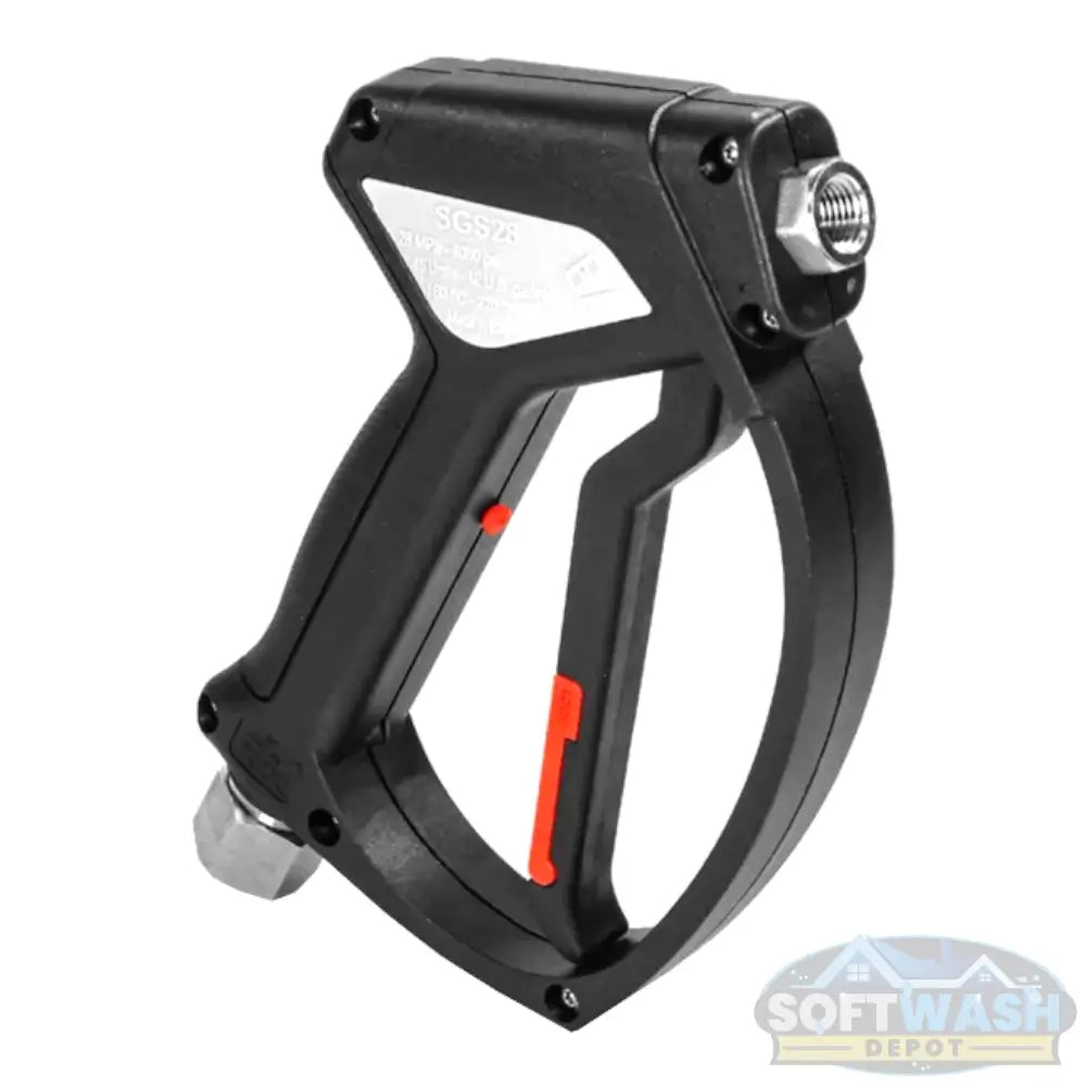 MTM Hydro SGS28 Easy Hold pressure washer spray gun with stainless steel live swivel, ergonomic grip and easy pull trigger, 3/8" inlet and 1/4" outlet, rated up to 4000 PSI, 12 GPM, and 320°F for professional cleaning. - Soft Wash Depot
