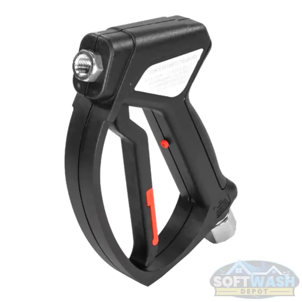 MTM Hydro SGS28 Easy Hold pressure washer spray gun with stainless steel live swivel, ergonomic grip and easy pull trigger, 3/8" inlet and 1/4" outlet, rated up to 4000 PSI, 12 GPM, and 320°F for professional cleaning. - Soft Wash Depot
