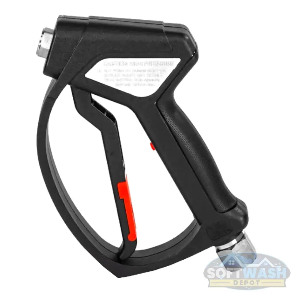 MTM Hydro SGS28 Easy Hold pressure washer spray gun with stainless steel live swivel, ergonomic grip and easy pull trigger, 3/8" inlet and 1/4" outlet, rated up to 4000 PSI, 12 GPM, and 320°F for professional cleaning. - Soft Wash Depot