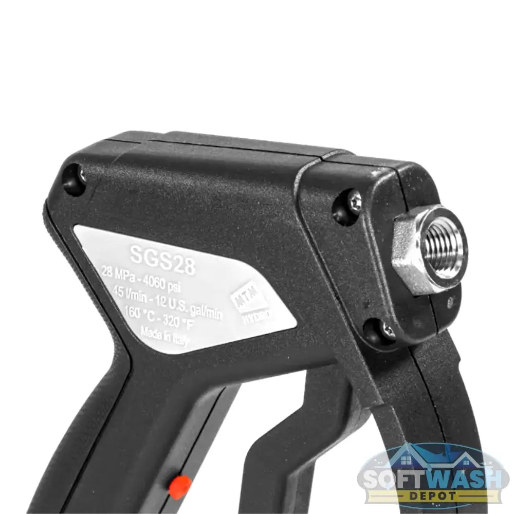 MTM Hydro SGS28 Easy Hold pressure washer spray gun with stainless steel live swivel, ergonomic grip and easy pull trigger, 3/8" inlet and 1/4" outlet, rated up to 4000 PSI, 12 GPM, and 320°F for professional cleaning. - Soft Wash Depot