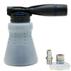 MTM Hydro GHF1 low pressure foam cannon with stainless steel garden hose quick connect coupler, plug, and 1 liter wide mouth bottle for creating foam without a pressure washer. - Soft Wash Depot
