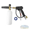 MTM Hydro Snub Nose Foam Cannon Kit with spray gun and bottle attached to a pressure washer, producing thick foam for vehicle and surface cleaning. - Soft Wash Depot