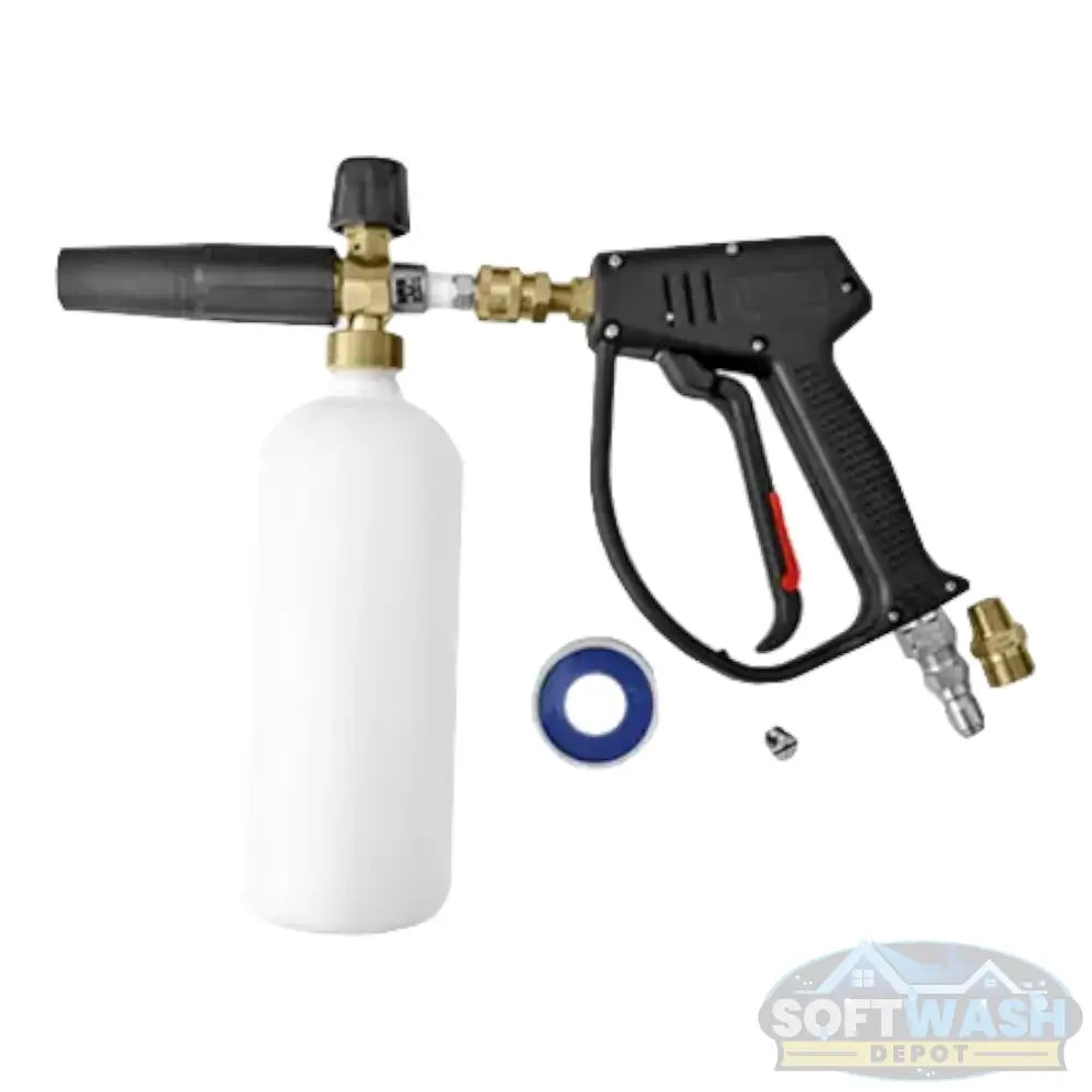 MTM Hydro Snub Nose Foam Cannon Kit with spray gun and bottle attached to a pressure washer, producing thick foam for vehicle and surface cleaning. - Soft Wash Depot