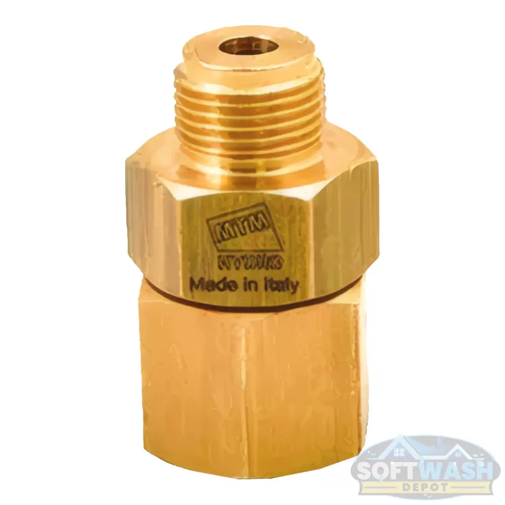 MTM Hydro AG Live 3/8-inch brass swivel fitting with male and female threaded ends, designed for high-pressure hose and spray gun rotation, Made in Italy - Soft Wash Depot.