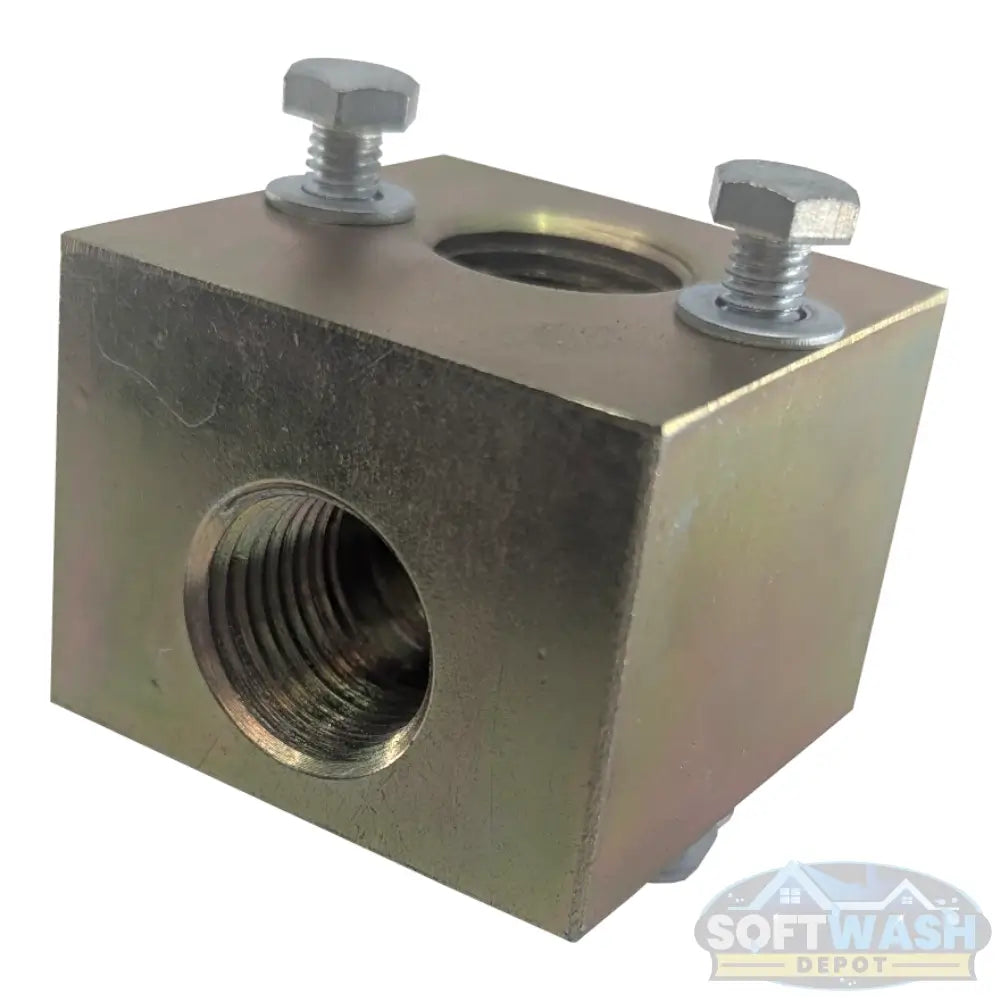 Plated steel unloader block with 3/8" and 1/2" NPT ports, 90-degree pressure washer unloader mounting block with hardware included. - Soft Wash Depot