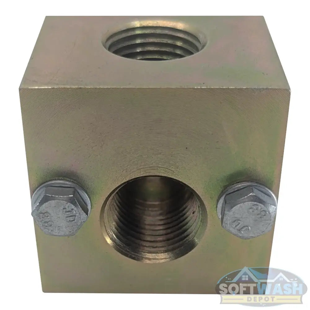 Plated steel unloader block with 3/8" and 1/2" NPT ports, 90-degree pressure washer unloader mounting block with hardware included. - Soft Wash Depot