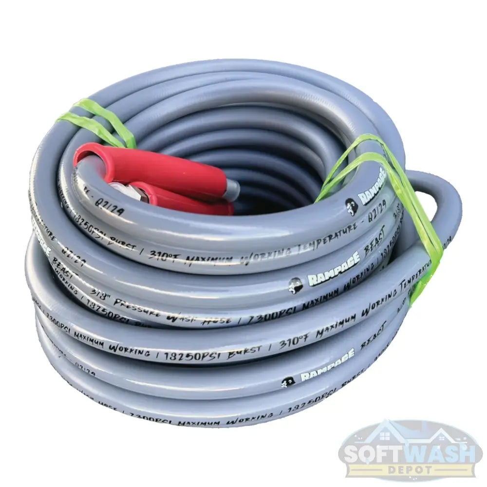 Rampage BEAST Smooth Gray 3/8" Double Wire 7300 PSI Pressure Wash Hose - high-temperature 310° heavy-duty industrial hose for professional pressure washers. - Soft Wash Depot.