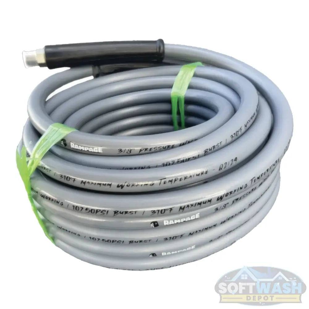 Rampage Smooth Gray 3/8 Inch Single Wire 4300 PSI Pressure Wash Hose - durable gray hose with green ties and black connector, designed for high-pressure washing and soft washing systems. - Soft Wash Depot