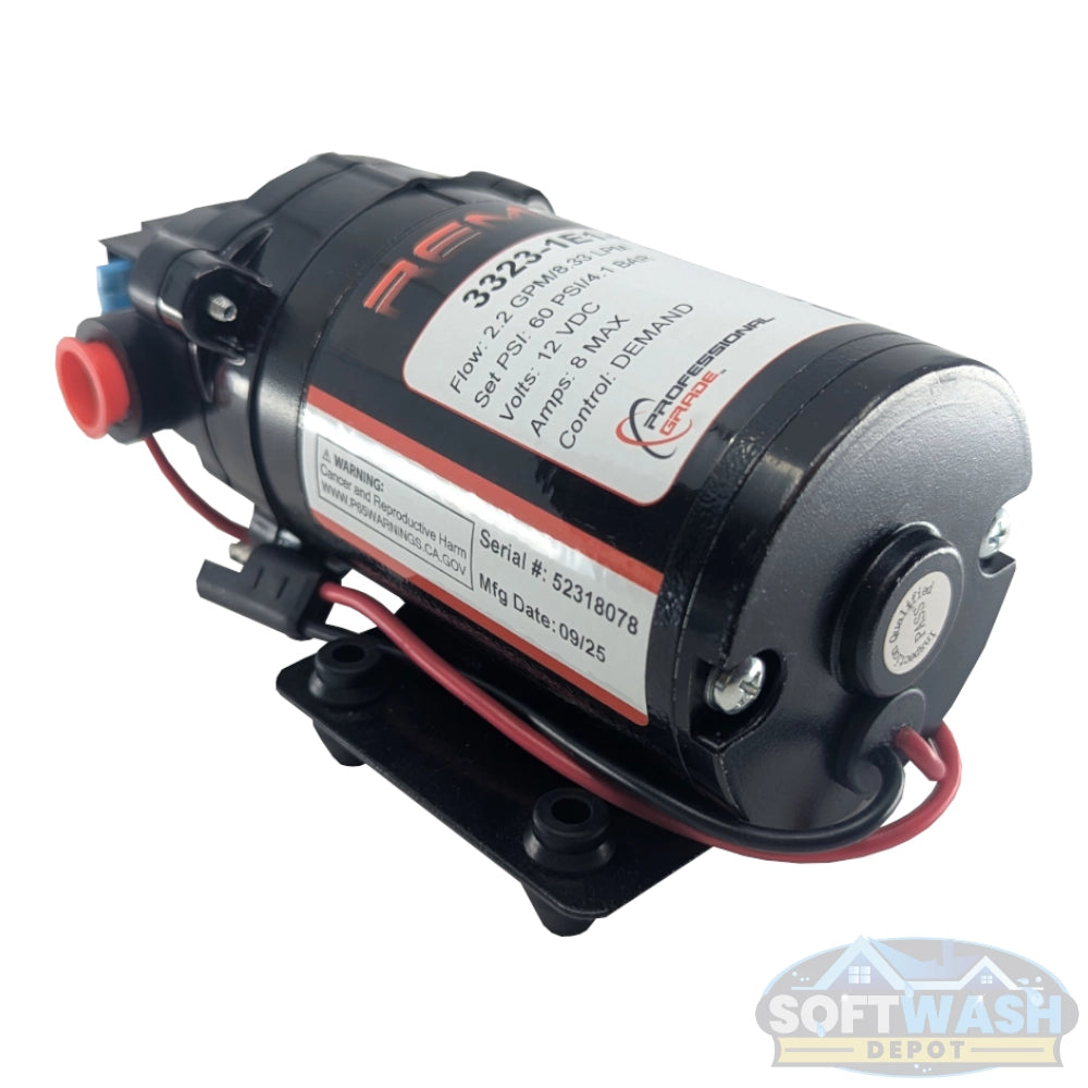 Remco 2.2 GPM 60 PSI 12V demand diaphragm pump with 3/8 inch FNPT ports, SAE 2-pin connector, sealed motor, and chemical-resistant construction for agricultural and industrial spraying applications. - Soft Wash Depot