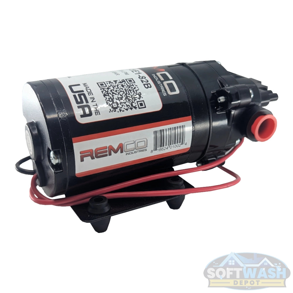 Remco 2.2 GPM 60 PSI 12V demand diaphragm pump with 3/8 inch FNPT ports, SAE 2-pin connector, sealed motor, and chemical-resistant construction for agricultural and industrial spraying applications. - Soft Wash Depot
