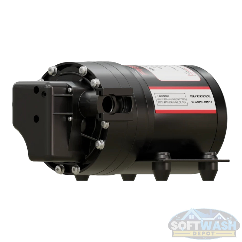 Remco Fatboy 7.0 GPM 100 PSI 12V soft wash pump with black housing, quick-connect ports, and mounting feet - professional chemical pump for pressure washing and roof cleaning. - Soft Wash Depot