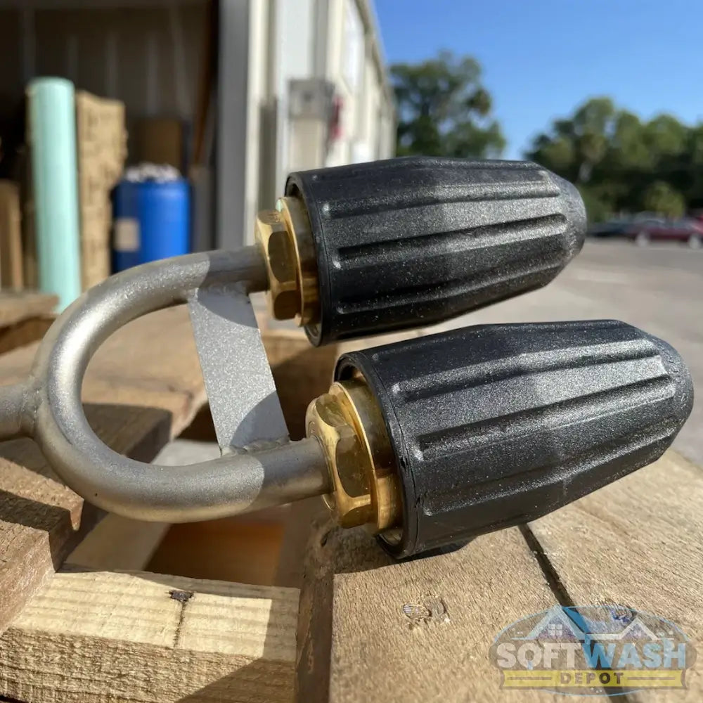 ST-357 Twin Turbo stainless steel lance with dual nozzles and ergonomic blue handle for boosted pressure washing performance. - Soft Wash Depot