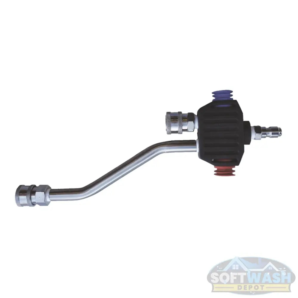 SWD Mezzo Valve Single Edition with stainless steel bent lance and quick-connect fittings, featuring red and blue chemical ports on the black valve body. - Soft Wash Depot