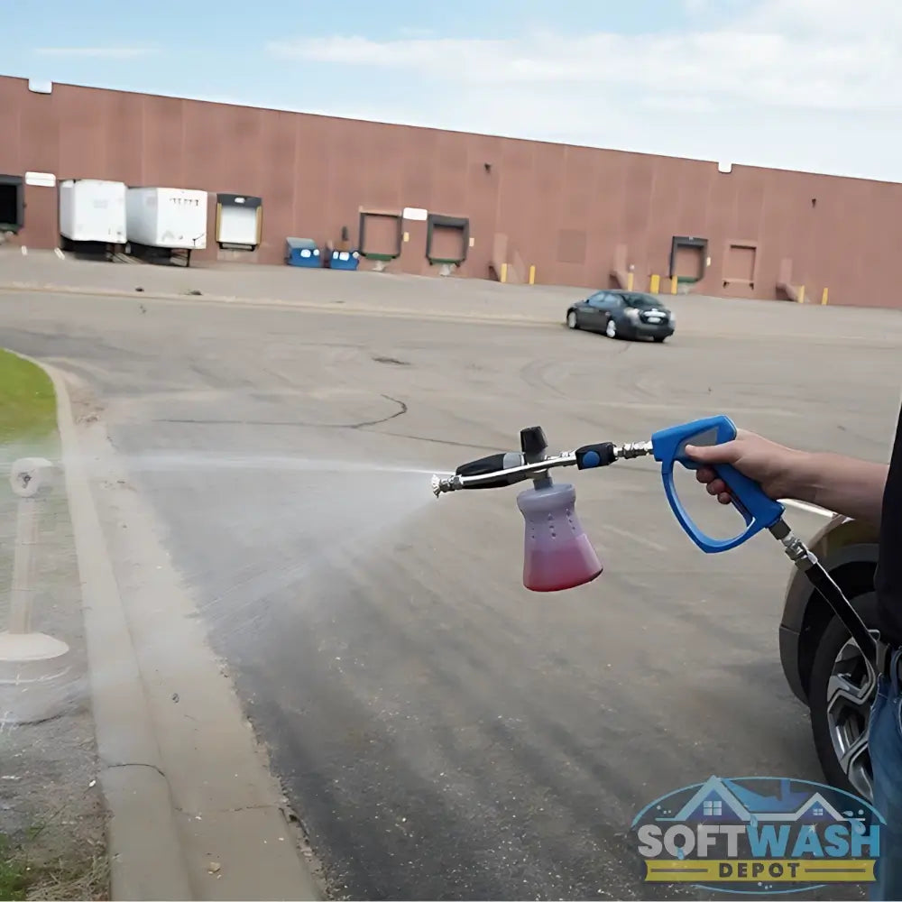 SWD Mezzo Valve Single Edition with stainless steel bent lance and quick-connect fittings, featuring red and blue chemical ports on the black valve body. - Soft Wash Depot