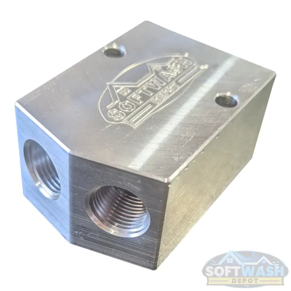 SWD Aluminum 3/8" x 1/2" Twinning Block with dual 3/8-inch inlets and single 1/2-inch outlet for combining two pressure washers into one high-flow system. - Soft Wash Depot