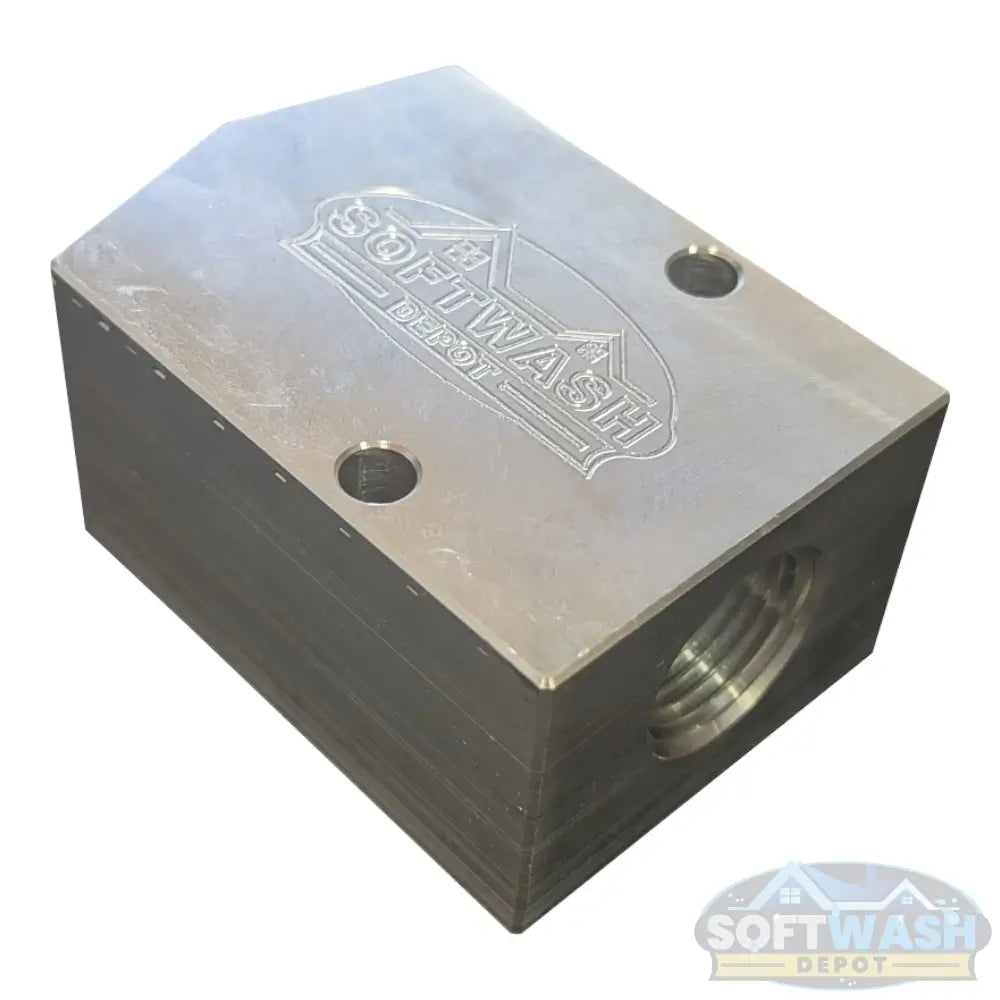 SWD Aluminum 3/8" x 1/2" Twinning Block with dual 3/8-inch inlets and single 1/2-inch outlet for combining two pressure washers into one high-flow system. - Soft Wash Depot