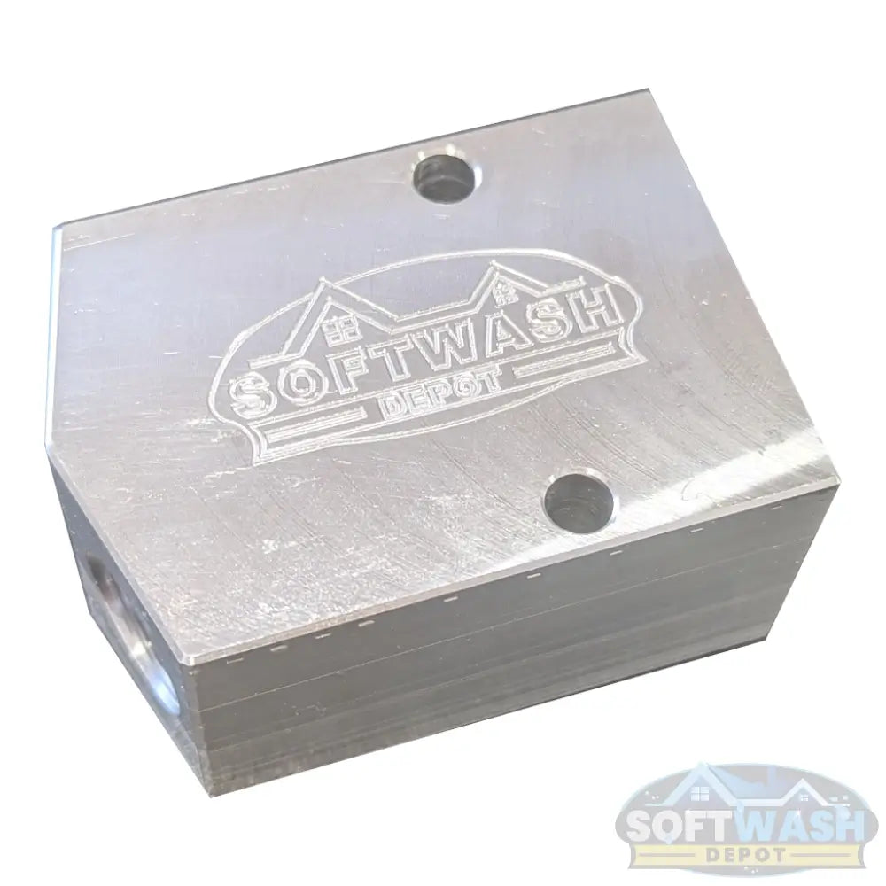 SWD Aluminum 3/8" x 1/2" Twinning Block with dual 3/8-inch inlets and single 1/2-inch outlet for combining two pressure washers into one high-flow system. - Soft Wash Depot