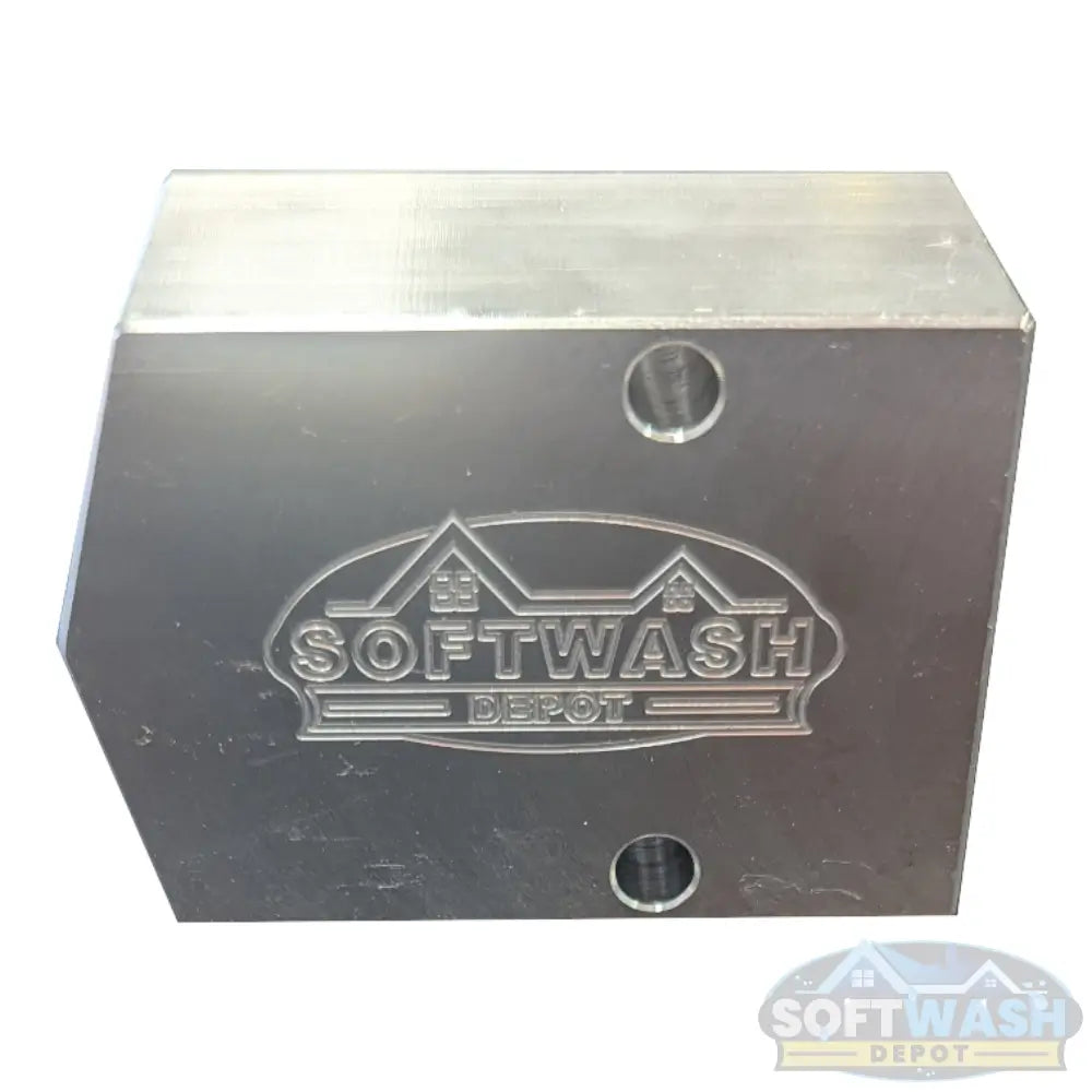 SWD Aluminum 3/8" x 1/2" Twinning Block with dual 3/8-inch inlets and single 1/2-inch outlet for combining two pressure washers into one high-flow system. - Soft Wash Depot