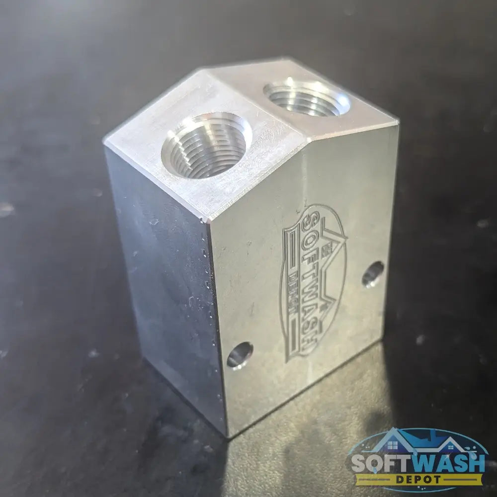 SWD Aluminum 3/8" x 1/2" Twinning Block with dual 3/8-inch inlets and single 1/2-inch outlet for combining two pressure washers into one high-flow system. - Soft Wash Depot
