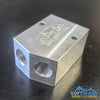 SWD Aluminum 3/8" x 1/2" Twinning Block with dual 3/8-inch inlets and single 1/2-inch outlet for combining two pressure washers into one high-flow system. - Soft Wash Depot