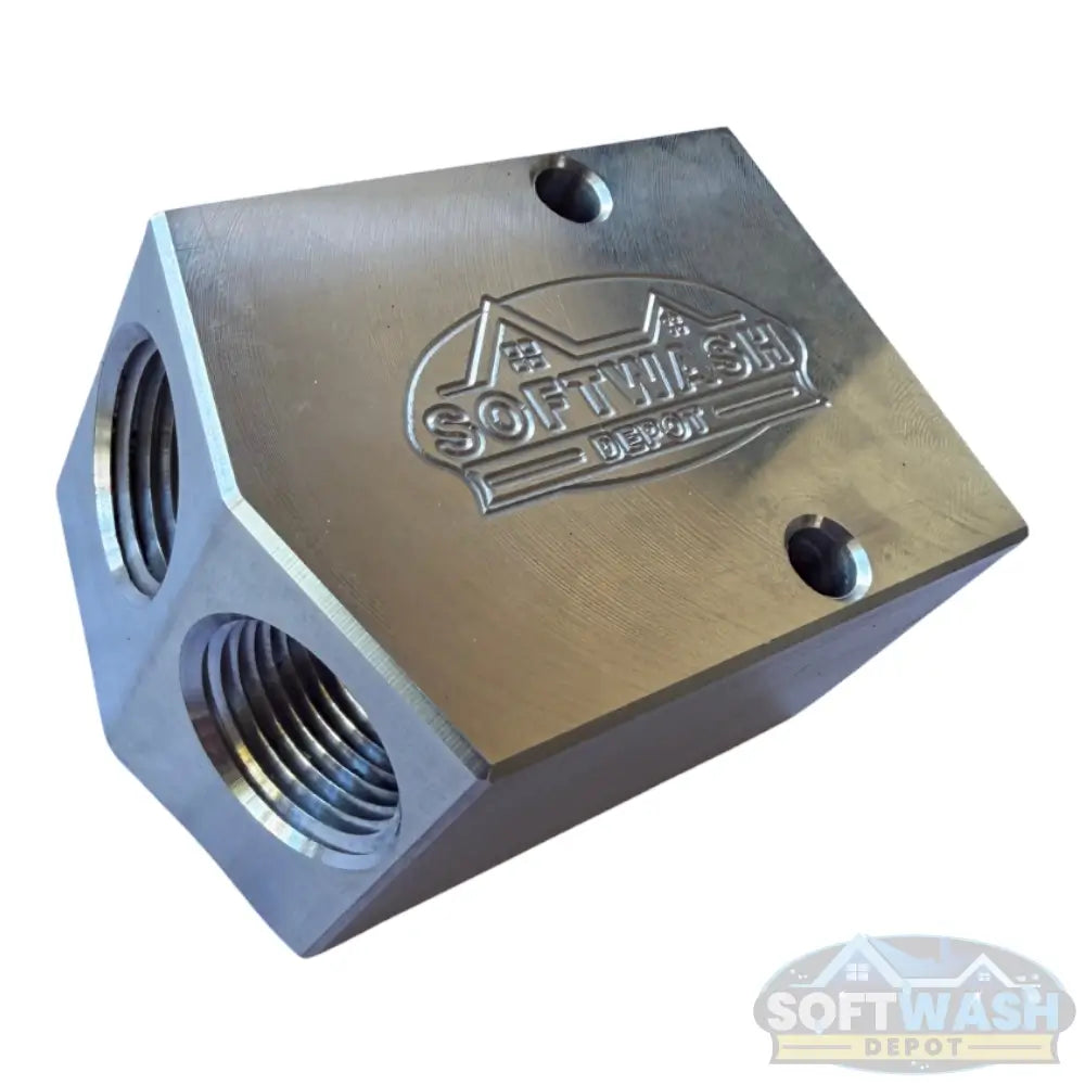 SWD Aluminum Twinning Block with dual 1/2-inch inlet ports and single outlet, designed to combine two pressure washers for increased water flow and high-efficiency cleaning. - Soft Wash Depot