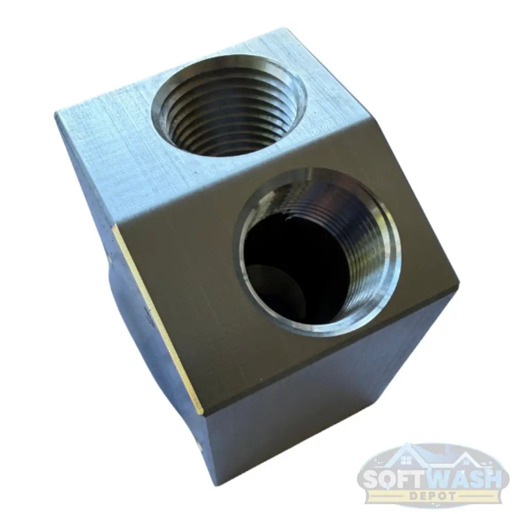 SWD Aluminum Twinning Block with dual 1/2-inch inlet ports and single outlet, designed to combine two pressure washers for increased water flow and high-efficiency cleaning. - Soft Wash Depot