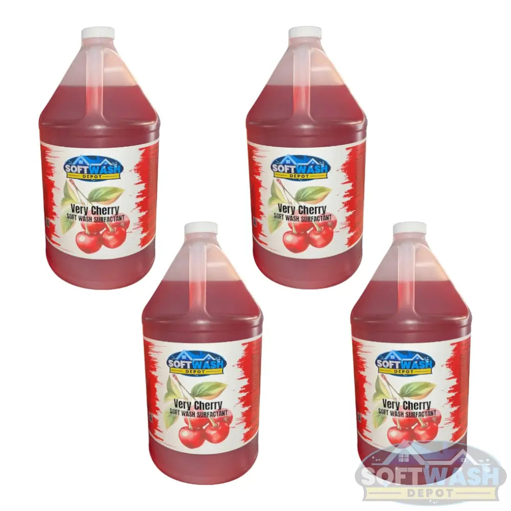 SWD Very Cherry soft wash and pressure washing surfactant in 1-gallon jug (4 Pack Case), cherry-scented solution for improved cling, coverage, and cleaning performance. - Soft Wash Depot
