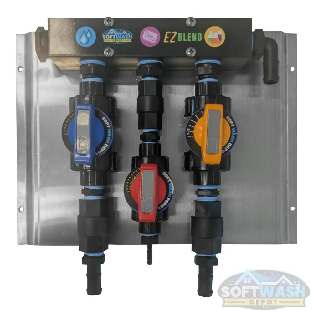 SWD EZ Blend Precision Flow soft wash mixing proportioner with labeled water, soap, and chemical control valves and color-coded adjustment handles. - Soft Wash Depot