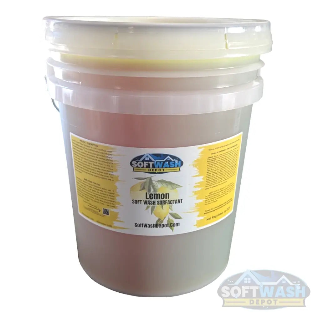 SWD Lemon soft wash and pressure wash surfactant in 5-gallon pail, lemon-scented solution for improved cling, coverage, and cleaning performance. - Soft Wash Depot