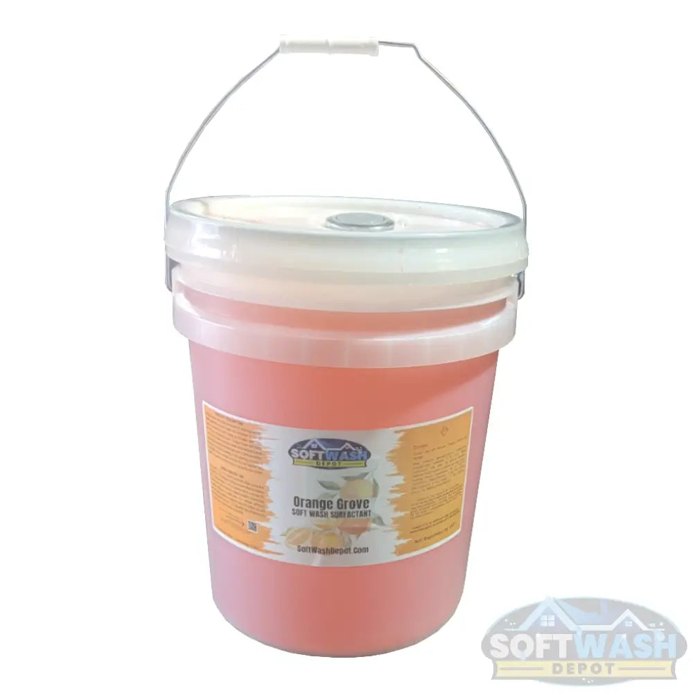 SWD Orange Grove soft wash and pressure wash surfactant in 5-gallon pail, orange-scented solution for enhanced cling, coverage, and cleaning performance. - Soft Wash Depot