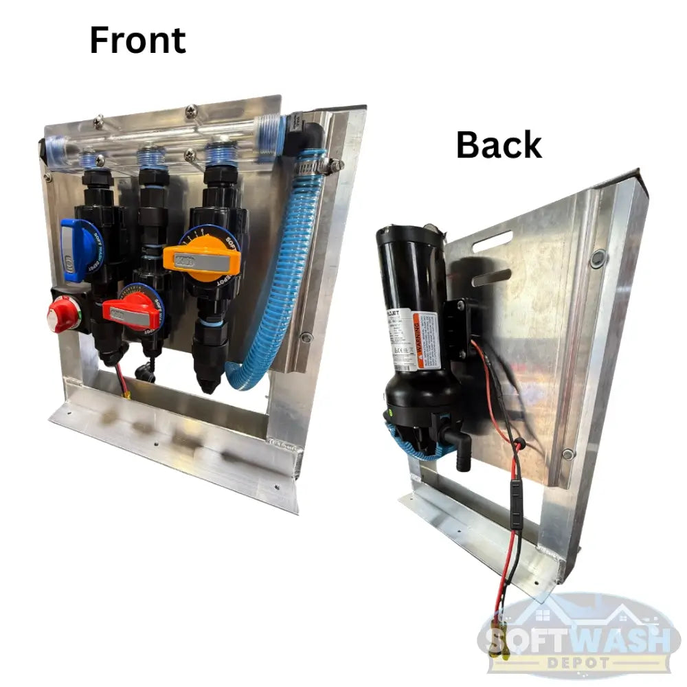 SWD 3-Port EZ Blend 3/4 inch clear proportioner system with Flojet 12V pump, aluminum back plate, and 19 inch mounting stand. - Soft Wash Depot