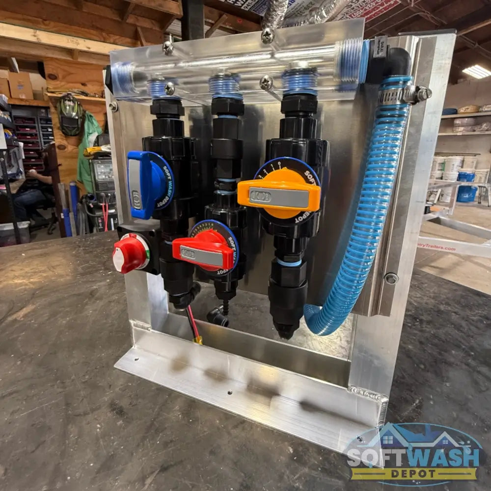 SWD 3-Port EZ Blend 3/4 inch clear proportioner system with Flojet 12V pump, aluminum back plate, and 19 inch mounting stand. - Soft Wash Depot
