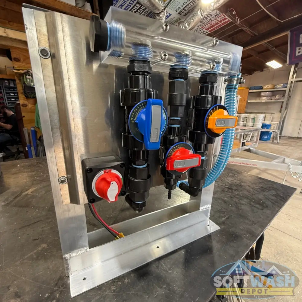 SWD 3-Port EZ Blend 3/4 inch clear proportioner system with Flojet 12V pump, aluminum back plate, and 19 inch mounting stand. - Soft Wash Depot
