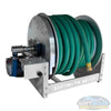 SWD electric hose reel with aluminum frame, stainless steel manifold and swivel, built for pressure washing and soft washing hose management. - Soft Wash Depot