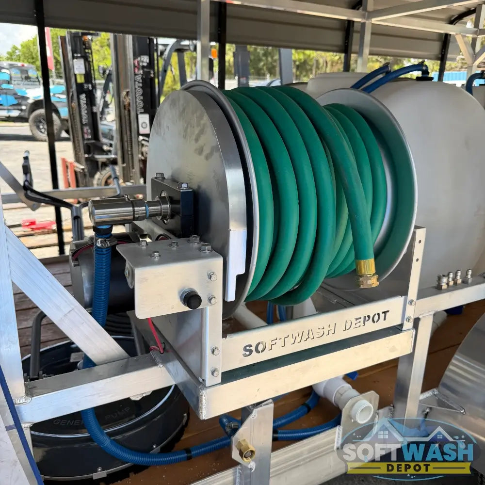SWD electric hose reel with aluminum frame, stainless steel manifold and swivel, built for pressure washing and soft washing hose management. - Soft Wash Depot