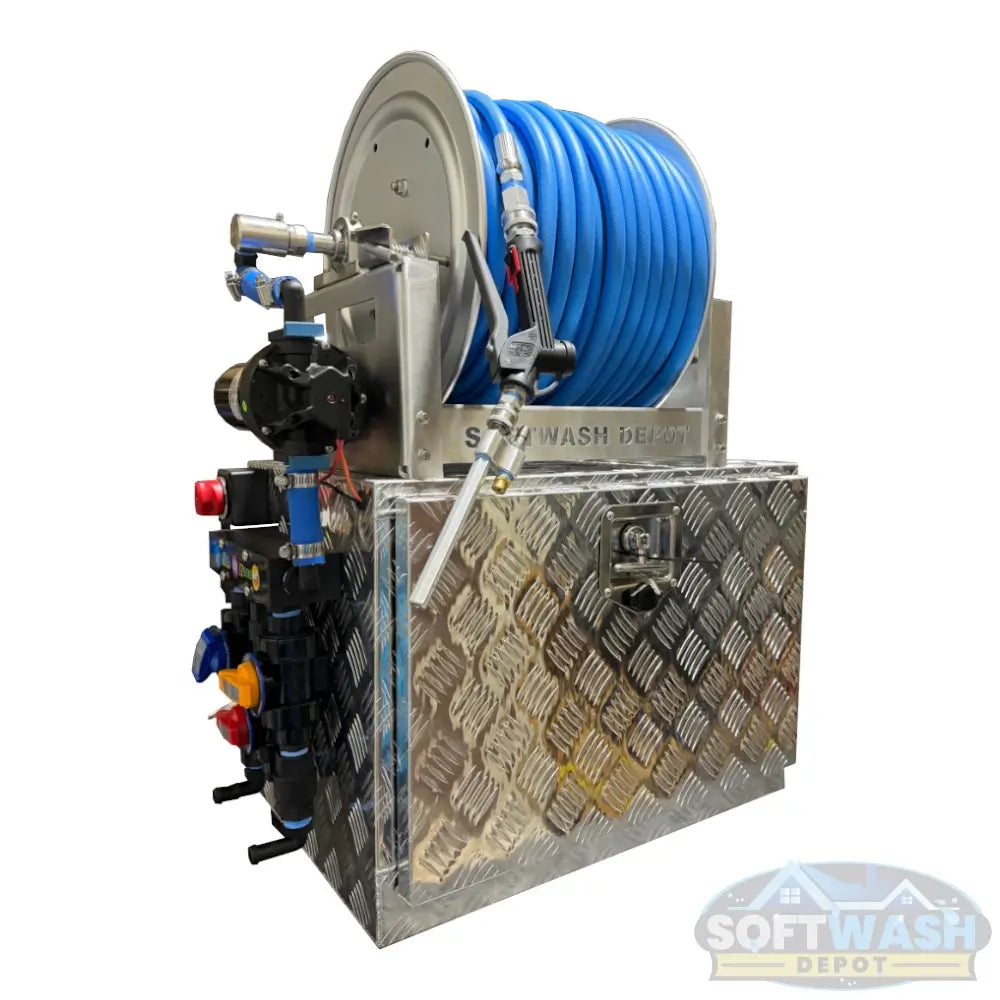 SWD Plug & Play 12V Soft Wash System with aluminum toolbox, stainless hose reel, blue soft wash hose, spray gun, EZ Blend proportioner, pump, valves, and fittings. - Soft Wash Depot