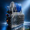 SWD Plug & Play 12V Soft Wash System with aluminum toolbox, stainless hose reel, blue soft wash hose, spray gun, EZ Blend proportioner, pump, valves, and fittings. - Soft Wash Depot