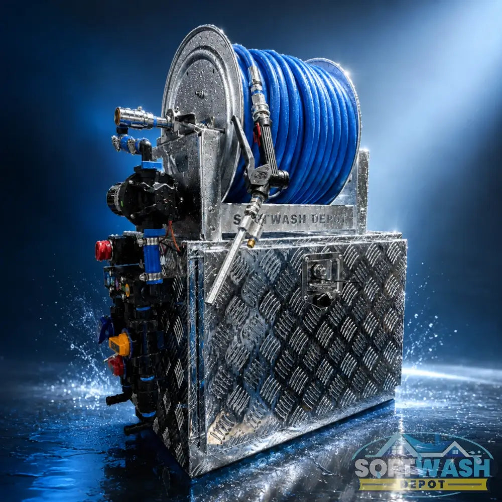 SWD Plug & Play 12V Soft Wash System with aluminum toolbox, stainless hose reel, blue soft wash hose, spray gun, EZ Blend proportioner, pump, valves, and fittings. - Soft Wash Depot