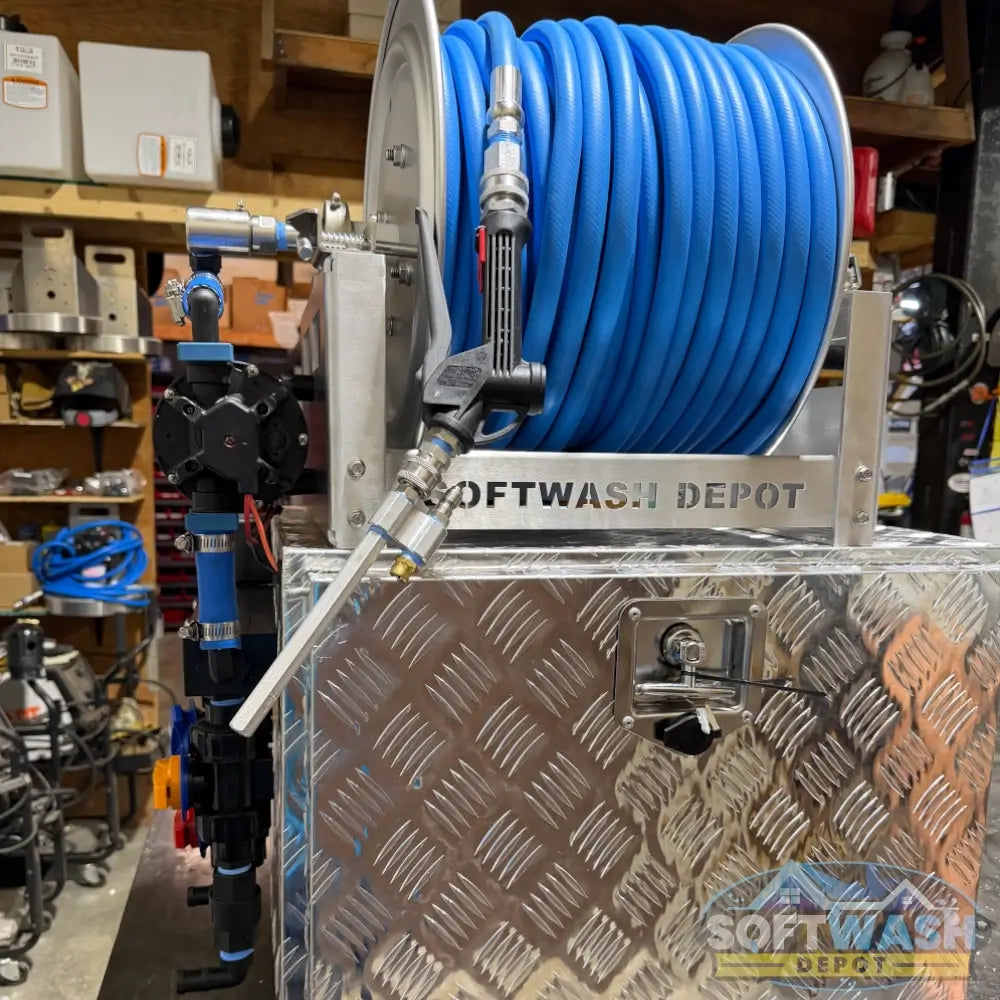 SWD Plug & Play 12V Soft Wash System with aluminum toolbox, stainless hose reel, blue soft wash hose, spray gun, EZ Blend proportioner, pump, valves, and fittings. - Soft Wash Depot