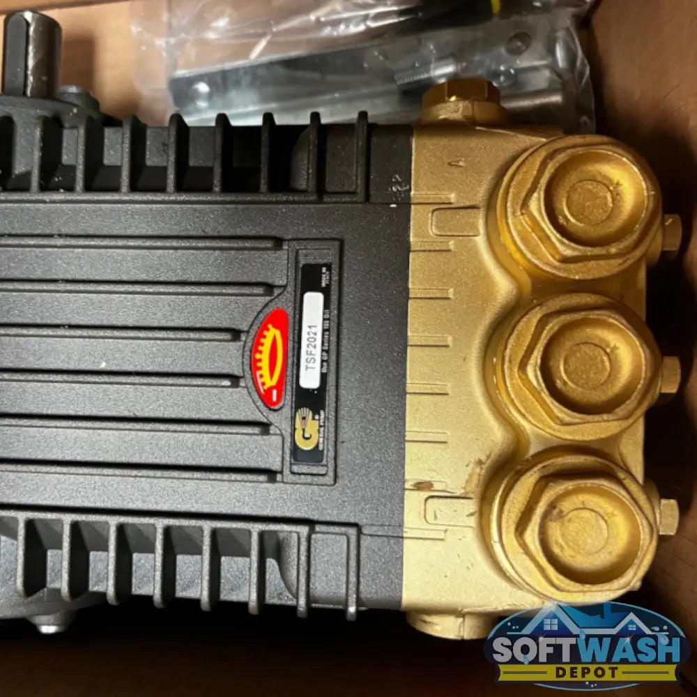 General Pump TSF2021 high-flow triplex plunger pressure washer pump, bare pump with brass manifold and black crankcase - professional 8 GPM pump for soft wash and power wash systems. - Soft Wash Depot