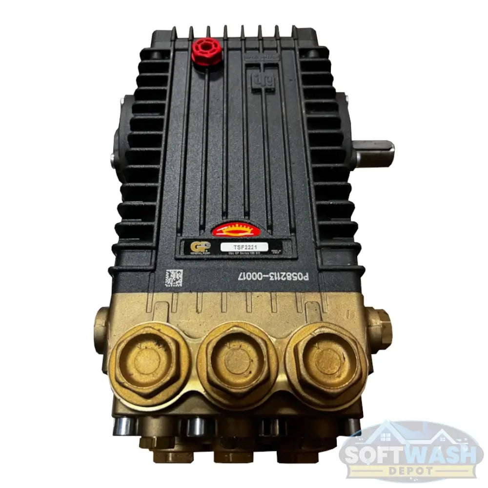 General Pump TSF2221 high-flow triplex plunger bare pump - 8 GPM industrial pressure washer pump with forged brass manifold and black crankcase. - Soft Wash Depot