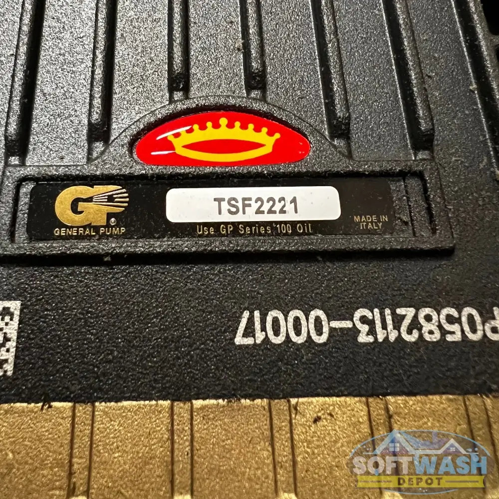 General Pump TSF2221 high-flow triplex plunger bare pump - 8 GPM industrial pressure washer pump with forged brass manifold and black crankcase. - Soft Wash Depot